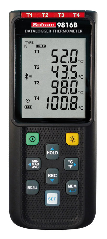Sefram 9816B Thermometer mit Datenlogger, 4-Kanäle Typ K / J / E / T / N / R / S, Bluetooth® mit App, USB Anbindung und PC-Software