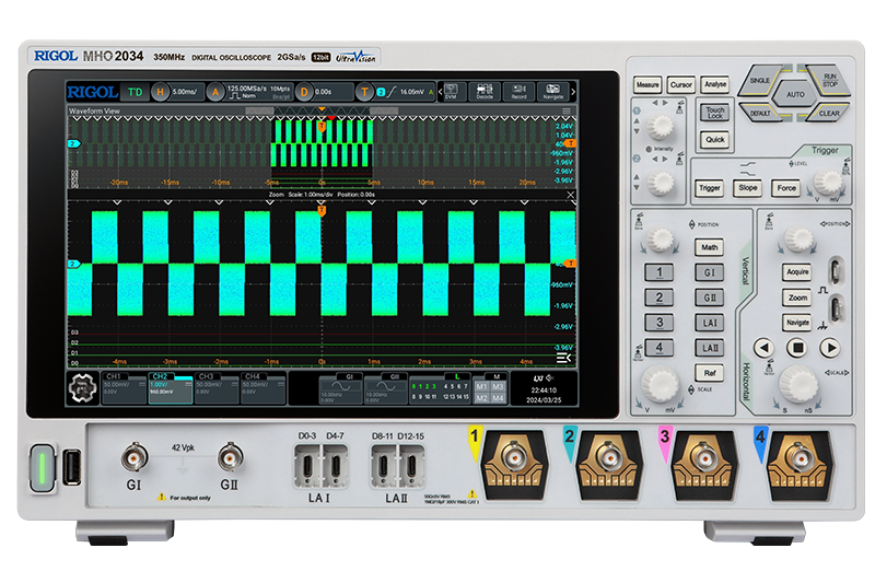 Rigol MHO2034 Oszilloskop mit 4 analoge + optional 16 dig. Kanäle, 12 Bit, 350 MHz, 2 GS/sa/s
