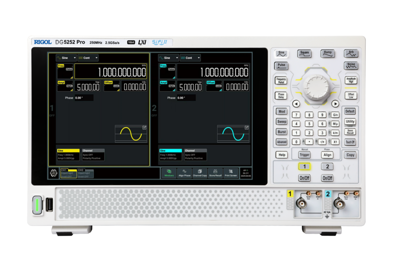Rigol DG5252 PRO Funktionsgenerator - 2-Kanal Funktionsgenerator, 1 μHz bis 250 MHz Frequenzbereich, 2,5 GSa/s Sample-Rate, 16 Bit Auflösung, 64 Mpts Speicher (128 Mpts optional), Amplitudenbereich 1 mVpp bis 20 Vpp (hochohmig), 25,7 cm (10,1")