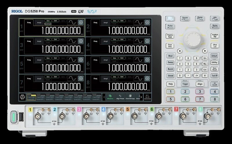 Rigol DG5258 PRO Funktionsgenerator - 8-Kanal Funktionsgenerator, 1 μHz bis 250 MHz Frequenzbereich, 2,5 GSa/s Sample-Rate, 16 Bit Auflösung, 64 Mpts Speicher (128 Mpts optional), Amplitudenbereich 1 mVpp bis 20 Vpp (hochohmig), 25,7 cm (10,1")