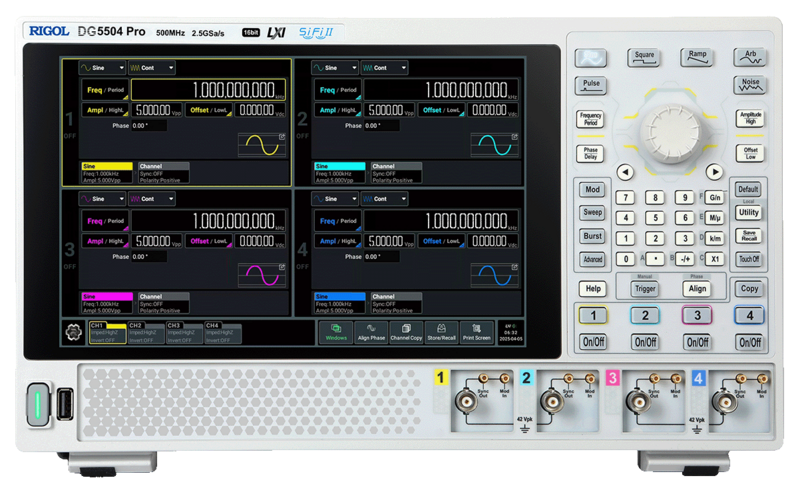 Rigol DG5504 PRO Funktionsgenerator - 4-Kanal Funktionsgenerator, 1 μHz bis 500 MHz Frequenzbereich, 2,5 GSa/s Sample-Rate, 16 Bit Auflösung, 64 Mpts Speicher (128 Mpts optional), Amplitudenbereich 1 mVpp bis 20 Vpp (hochohmig), 25,7 cm (10,1")