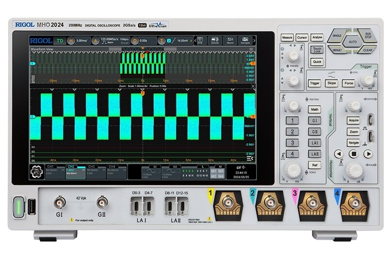 Rigol MHO2024 Oszilloskop mit 4 analoge + optional 16 dig. Kanäle, 12 Bit, 200 MHz, 2 GS/sa/s