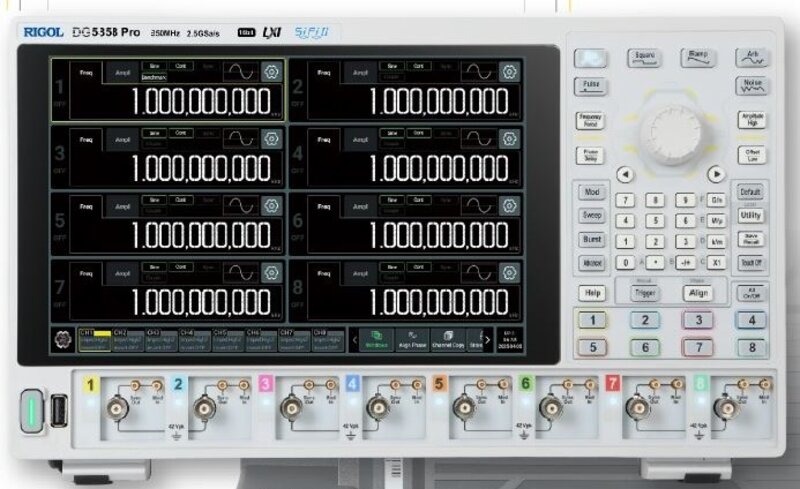 Rigol DG5358 Pro Arbiträr-Funktionsgeneratoren, 10,1" Touchscreen, 8 Kanal, 350 MHz, 16Bit, 2,5 GSa/s, 64 Mpts (128 Mpts opt.)