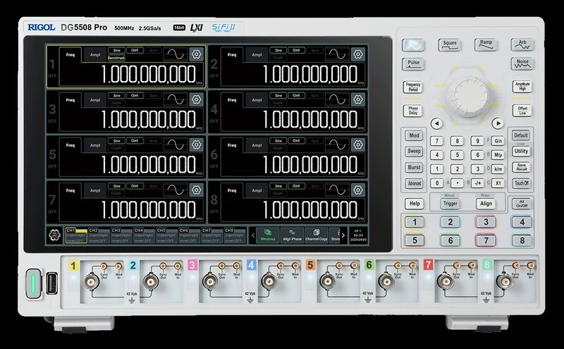 Rigol DG5508 PRO Funktionsgenerator - 8-Kanal Funktionsgenerator, 1 μHz bis 500 MHz Frequenzbereich, 2,5 GSa/s Sample-Rate, 16 Bit Auflösung, 64 Mpts Speicher (128 Mpts optional), Amplitudenbereich 1 mVpp bis 20 Vpp (hochohmig), 25,7 cm (10,1")
